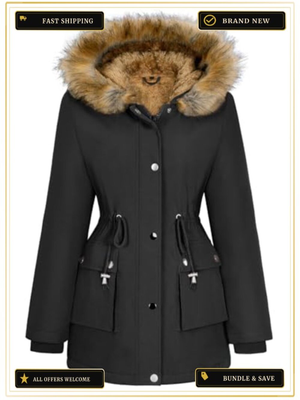 Women's Fleece Lined Parka Jacket Faux Fur Hood Winter Coat